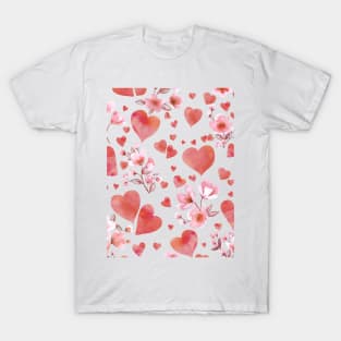 Hearts and Cherry blossom flowers watercolor print. Pink romantic valentine composition. Spring Sakura blossom T-Shirt